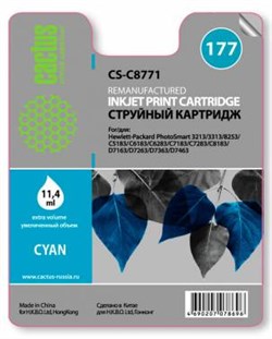 (3330621) Картридж струйный Cactus CS-C8771 голубой для №177 HP PhotoSmart 3213/ 3313/ 8253/ C5183/ C6183 (11,4ml) CS-C8771 - фото 13300