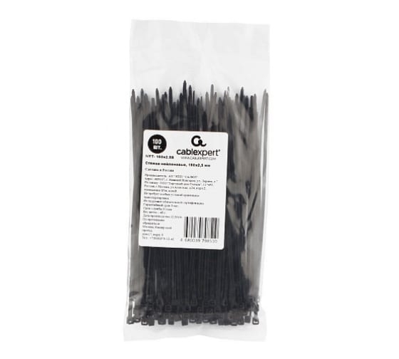 (1032896) Стяжки Cablexpert пластиковые 100 мм х 2.5 мм, чёрные (100 шт.) NYT-100x2.5B - фото 43297