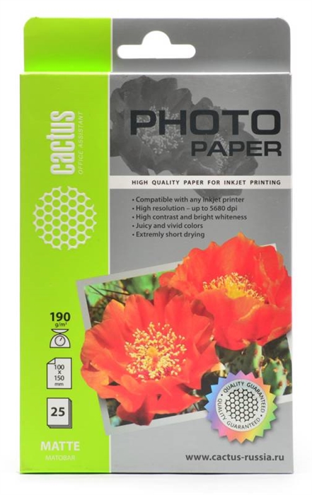 (1035252) Фотобумага Cactus CS-MA619025 10x15/190г/м2/25л./белый матовое для струйной печати CS-MA619025 - фото 46025