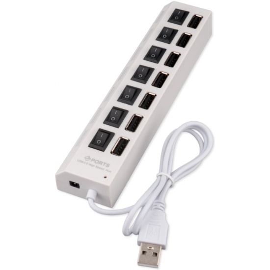 1042500 Разветвитель USB2.0 Gembird, 7хUSB, с доп.питанием, подсв и выкл, кабель USB 55см, белый, короб UHB-U2P7-01W - фото 51483