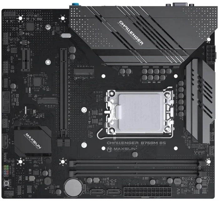 (1042867) MAXSUN MS-Challenger B760M D5 (Socket 1700, mATX, 2*DDR5(96Gb), VGA/HDMI, 3*SATA3, 2*M.2, 1xPCI-E x16 /1xPCI-E x1, 2*USB 2.0,  4*USB 3.2 Gen1 , LAN 1*1G,  RTL) MS-Challenger B760M D5 - фото 51924