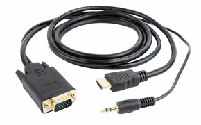 (1011995) Кабель HDMI->VGA Cablexpert 19M/15M + 3.5Jack, медь, позол.разъемы, 3м, черный, пакет A-HDMI-VGA-03-10