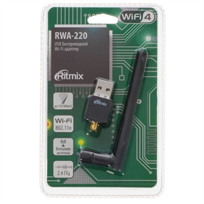 (1041645) RITMIX RWA-220 USB Беспроводной WIFI адаптер 2.4ГГц, IEEE802.11b/g/n, скорость до 150Мбит/с. Чипсет RealTek RTL8188. Внешняя антенна, 3дБи, съемная, SMA-коннектор. Нано-размер. Совместимость с Linux, MacOS 10.15, Windows XP/Vista/7/8/8.1/10 RITMIX RWA-220