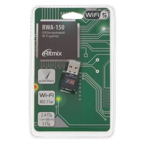 (1041644) RITMIX RWA-150 USB Беспроводной WIFI адаптер 2.4ГГц+ 5 Ггц, IEEE802.11b/g/n/ac, скорость до 433Мбит/с. Чипсет RealTek RTL8811CU. Внутренняя антенна. Нано-размер. Совместимость с Linux, MacOS 10.15, Windows XP/Vista/7/8/8.1/10/11 RITMIX RWA-150