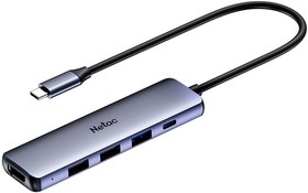 (1042039) Концентратор, Netac USB Hub WF13, 5in1 Type-C to 2xUSB 2.0 + 1xUSB 3.0 + 1xHDMI( 4k/30Hz) + 1 Type-C( DP) 100W.(NT08WF13-30GR) NT08WF13-30GR