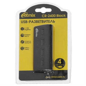 (1042631) RITMIX CR-2400 Black Разветвитель USB (USB хаб) настольный, кабель 1м, на 4 порта USB, High speed USB 2.0, Plug-n-Play, питание от USB, 5В, скорость до 480 Мбит/с, поддержка Winows 2000, XP, Vista, 7, 8, Me, Mac OS 9.1 и выше, Linux 2.4.2, RITMIX CR-2400 Black